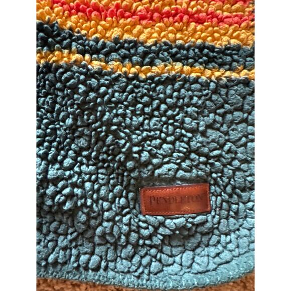 Pendleton Green Orange Yellow Red Striped Sherpa Fleece Throw Blanket 47x67 - Picture 2 of 5